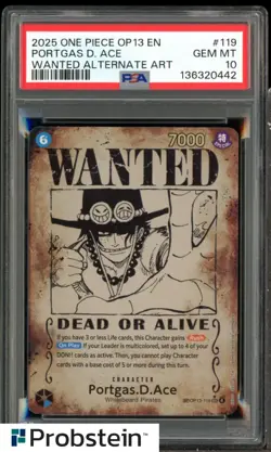#3 2025 One Piece EN OP13 Wanted Alternate Art #119 Portgas D Ace PSA 10 - Image 1