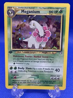 Pokemon Neo Genesis Meganium 1st Edition Holo Card 10/111 LP Half Swirl 💫 - Image 1