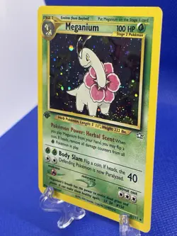 Pokemon Neo Genesis Meganium 1st Edition Holo Card 10/111 LP Half Swirl 💫 - Image 3
