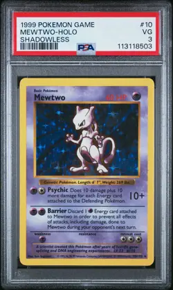 1999 POKEMON BASE SET SHADOWLESS #10 MEWTWO-HOLO PSA 3 - Image 1