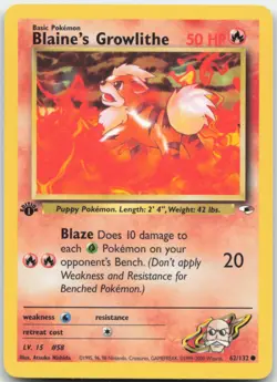 Blaine's Growlithe 1st Edition 062/132 Gym Heroes Pokemon Card NM - Image 1