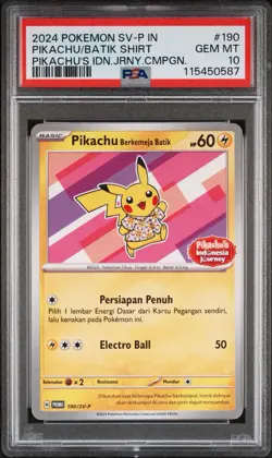 PIKACHU/BATIK SHIRT POKEMON PIKACHU'S IDN.JRNY.CMPGN. SV-P PRM 2024 190 PSA 10 - Image 1