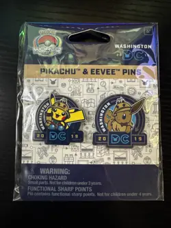 Pokemon 2019 World Championships Washington DC Pikachu & Eevee Pins & Badge - Image 1