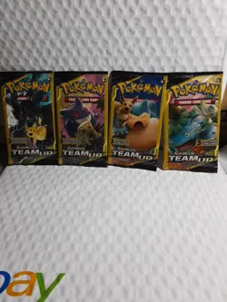 Pokemon Sun and Moon Team Up 3 Card Mini Booster Packs Complete Art Set Lot of 4 - Image 1