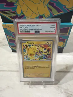 PIKACHU #225 2025 POKEMON SVP EN-SV WORLD CHAMPIONSHIPS BLACK STAR PROMO PSA 9 - Image 1