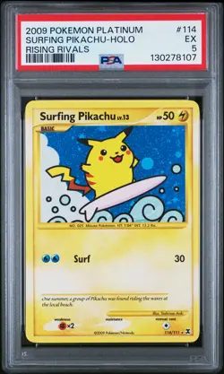 2009 POKEMON PLATINUM RISING RIVALS #114 SURFING PIKACHU-HOLO PSA 5 - Image 1