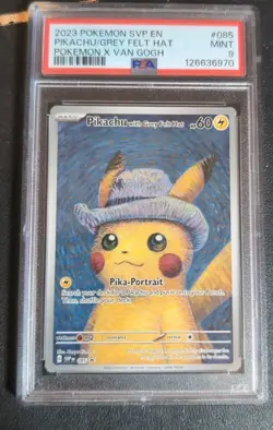Pikachu Grey Felt Hat 2023 SVP #085 Van Gogh Promo Pokemon Card Mint PSA 9 - Image 1