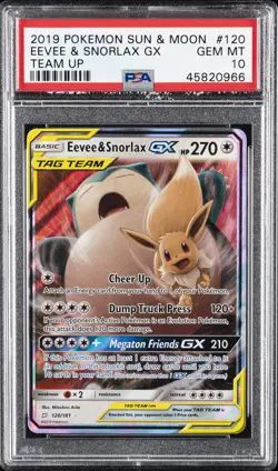 2019 POKEMON SUN & MOON TEAM UP #120 EEVEE & SNORLAX GX PSA 10 - Image 1