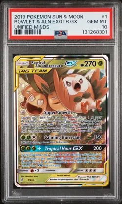 2019 POKEMON SUN & MOON UNIFIED MINDS #1 ROWLET & ALOLAN EXEGGUTOR GX PSA 10 - Image 1