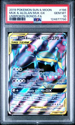 2019 POKEMON SUN & MOON UNBROKEN BONDS #196 FULL ART/MUK & ALOLAN MUK GX PSA 10 - Image 1