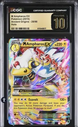 CGC PRISTINE 10 Pokemon TCG M Ampharos EX 28/98 XY Ancient Origins Holo Mega psa - Image 1