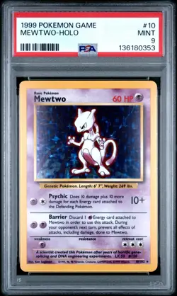 1999 POKEMON GAME BASE SET UNLIMITED #10 MEWTWO-HOLO PSA 9 MINT - Image 1