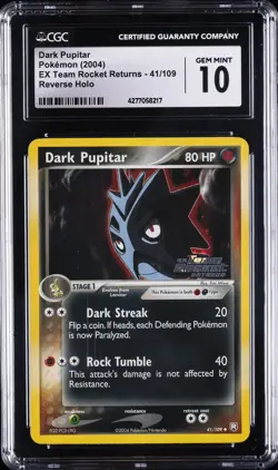 2004 POKEMON EX TEAM ROCKET RETURNS REVERSE HOLO DARK PUPITAR CGC 10 GEM MINT - Image 1