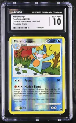 CGC 10 GEM MINT Marshtomp 2008 Great Encounters 46/106 Reverse Holo Pokemon Card - Image 1