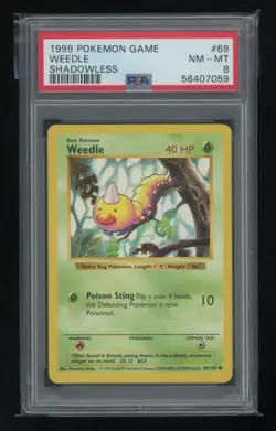 POKEMON Shadowless Base Set WEEDLE 69/102 Common PSA 8 NM-MT Vintage WOTC - Image 1