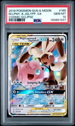 2019 Pokemon Sun & Moon Cosmic Eclipse #165 Mega Lopunny & Jigglypuff GX PSA 10 - Image 1