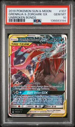 2019 POKEMON SUN & MOON UNBROKEN BONDS #107 GRENINJA & ZOROARK GX PSA 10 - Image 1