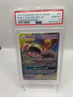 2019 POKEMON SUN & MOON UNBROKEN BONDS 61 MUK & ALOLAN MUK GX PSA 10 - Image 1