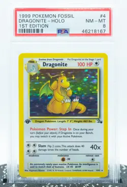 PSA 8 DRAGONITE 4/62 1st Edition Holo Rare Fossil Set WOTC - Pokemon Card 1999 - Image 1