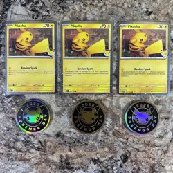 3X Pikachu 051/162 Stamped 2026 Pokemon Day 30th Anniversary Promo Card & Coin - Image 1