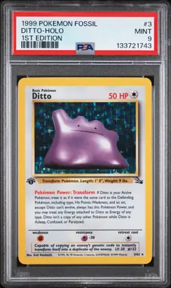 1999 POKEMON FOSSIL 1ST ED #3 DITTO-HOLO PSA 9 - Image 1