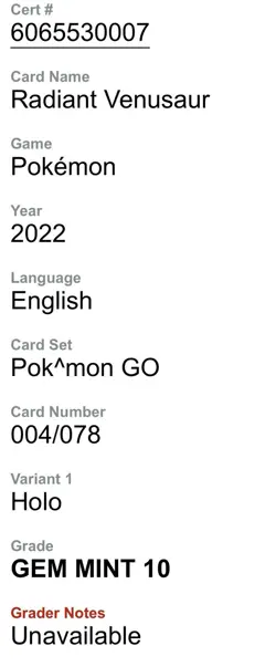 💚 CGC 10 MINT Radiant Venusaur #004 – 2022 Pokemon GO (S10b) - Image 4