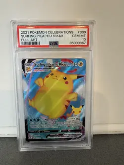 2021 Pokemon PSA 10 Celebrations Surfing Pikachu Vmax Full Art 009/025 - Image 1