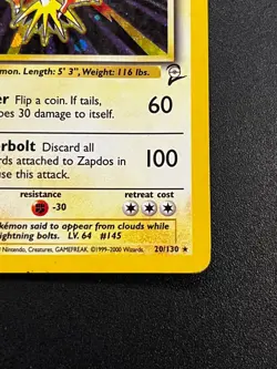 Zapdos 20/130 - Base Set 2 Holo Rare Pokemon TCG Card Vintage LP - Image 3