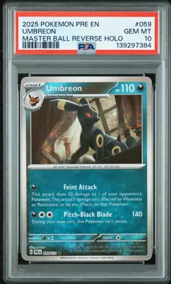 2025 Pokemon EN-Prismatic Evolutions Umbreon Holo Rare Master Ball PSA 10 #059 - Image 1