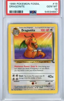 1999 Pokemon Fossil Dragonite #19 PSA 10 GEM MINT Non-Holo WOTC - Image 1