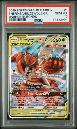 2019 Pokemon Sun Moon Unbroken Bonds Pheromosa Buzzwole GX #1/214 PSA 10 - Image 1