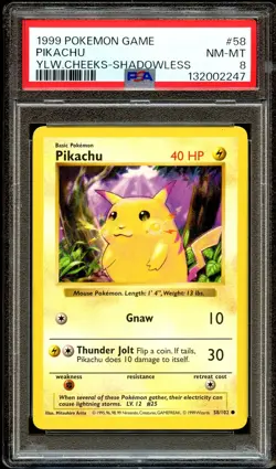 PSA 8 NM-MINT Pikachu 58/102 SHADOWLESS Base Set Pokemon Card 247 - Image 1