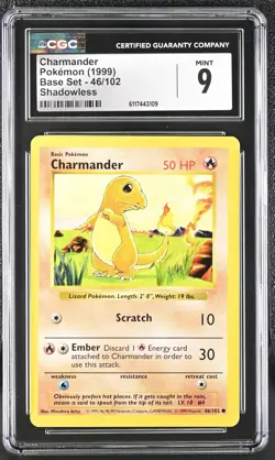 Pokemon Card Charmander 46/102 Shadowless Base Set 1999 CGC 9 MINT - Image 1