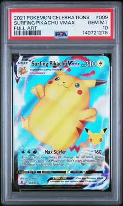 2021 POKEMON CELEBRATIONS #009 FULL ART/SURFING PIKACHU VMAX PSA 10 - Image 1