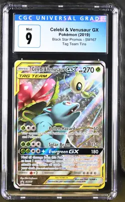 Pokemon Celebi & Venusaur GX Tag Team Tin Full Art Promo SM167 CGC 9 Mint - Image 1