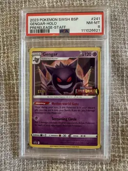 Super Rare 2023 POKEMON SWSH BLACK STAR PROMO PRERELEASE-STAFF #241 GENGAR PSA 8 - Image 1