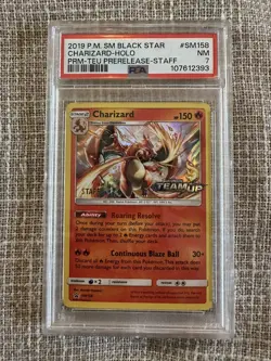 Rare 2019 POKEMON SM BLACK STAR PROMO PRERELEASE-STAFF #158 CHARIZARD PSA 7 - Image 1