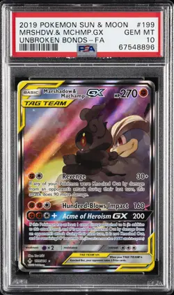 2019 POKEMON SUN & MOON UNBROKEN BONDS FULL ART/MARSHADOW & MACHAMP GX PSA 10 - Image 1