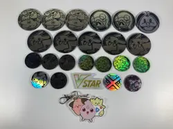 Pokemon Plastic Tokens Coins Lot (23), plus Hanger - Image 1