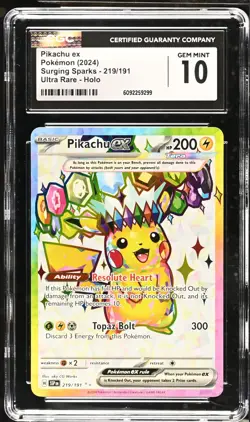 Pikachu EX 219/191 Ultra Rare Holo Surging Sparks 2024 Pokemon CGC 10 Gem Mint - Image 1