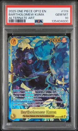 PSA 10 – 2025 ONE PIECE OP12-LEGACY OF THE MASTER 119 BARTHOLOMEW KUMA ALT ART - Image 1