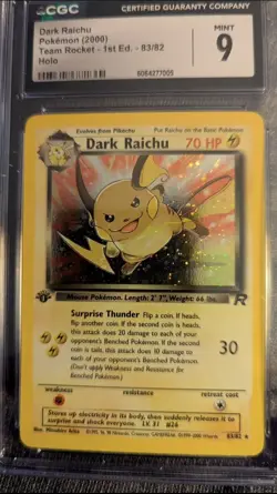 Dark Raichu 1st Edition Holo 83/82 Secret Rare Card CGC 9 Mint - Image 1
