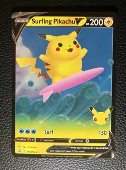 2021 Pokemon SWSH Celebrations Surfing Pikachu V #008/025 - Image 1