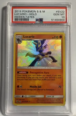 2019 POKEMON SUN & MOON HIDDEN FATES #SV22 LUCARIO-HOLO PSA 10 - Image 1