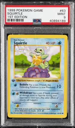 1999 POKEMON BASE SET 1ST EDITION #63 SQUIRTLE PSA 9 - Image 1