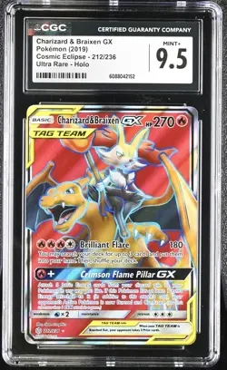 CGC 9.5 MINT+ Charizard & Braixen GX Cosmic Eclipse 212/236 Holo Pokemon Card - Image 1