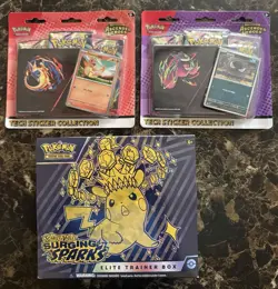 Pokemon TCG Surging Sparks ETB Factory Sealed + Gastly Charmander Tech Packs - Image 1