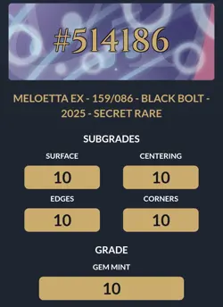 Meloetta EX Secret Rare 159/086 - Pokemon SV10.5 Black Bolt ACE 10 GEM MINT - Image 3