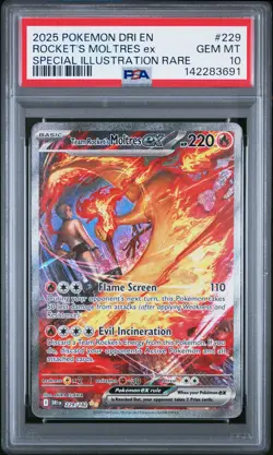 2025 POKEMON DRI EN-DESTINED RIVALS #229 TEAM ROCKET'S MOLTRES EX PSA 10 - Image 1