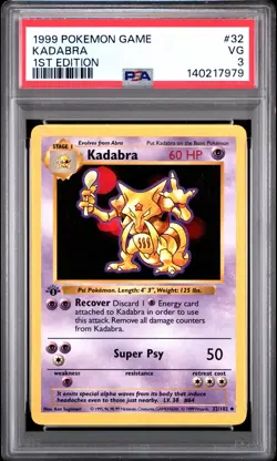 1999 POKEMON BASE SET 1ST EDITION #32 KADABRA PSA 3 - Image 1